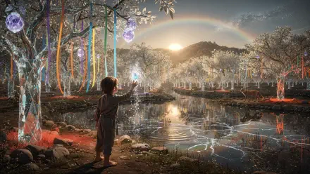 4K Ultra HD PC Desktop Wallpaper and Background: child reaches toward a shimmering light spectrum above a reflective pond in an enchanted forest at sunrise, trees and ribbons glowing.