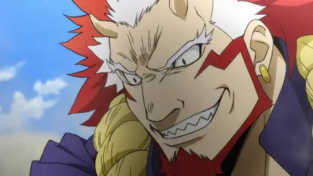 Anime HD PC wallpaper of Migi from Daemons of the Shadow Realm — snarling close-up with red mane and horns, braided blond hair, jagged teeth and red facial markings against a blue sky.