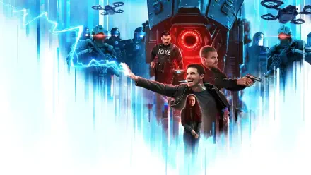 Code 8: Part 2 4K Ultra HD PC desktop wallpaper — electric-blue sci‑fi tableau with a glowing red mech eye, armored police, armed figures and a central trio amid crackling energy.