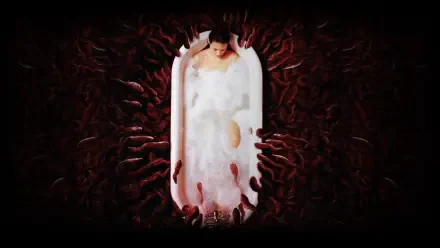Slither — 4K Ultra HD PC desktop wallpaper: pale figure in a white bathtub encircled by writhing red, worm-like creatures set against a dark, textured background.