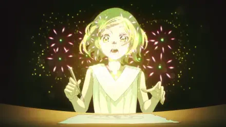 HD PC desktop wallpaper of Coco (Witch Hat Atelier), anime-style, wide-eyed with a wand as colorful magical sparks and fireworks burst behind her.
