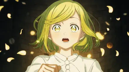 HD anime desktop wallpaper of Coco from Witch Hat Atelier: wide-eyed, surprised, greenish-blonde hair, glowing golden motes and petals drifting against a dark backdrop.