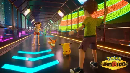 HD PC desktop wallpaper from the video game Pokémon Champions: two young trainers face off with Pikachu and Eevee in a neon-lit arena tunnel.
