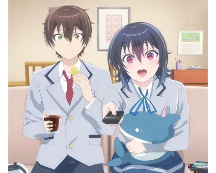 2K Quad HD PC wallpaper from the anime I Made Friends with the Second Prettiest Girl in My Class — Maki Maehara and Umi Asanagi in school uniforms; she hugs a shark plush, he holds a drink and cookie.