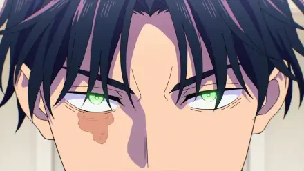 HD PC desktop wallpaper: close-up anime portrait of Hikaru Gero (Marriagetoxin) — dark hair, intense green eyes and a small cheek birthmark.