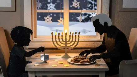Hanukkah 4K Ultra HD PC desktop wallpaper: silhouettes sharing gelt, a dreidel and latkes beside a glowing menorah at a snowy window.
