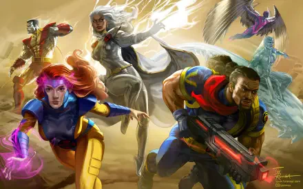 2K Quad HD PC desktop wallpaper of X-Men (Marvel Comics) featuring Jean Grey, Storm and Bishop charging into battle amid lightning, psychic energy and dramatic action.