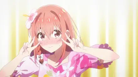 HD PC desktop wallpaper of Sumi Sakurasawa from Rent-A-Girlfriend: blushing pink-haired anime girl flashing double peace signs in a floral dress against a soft yellow-striped background.