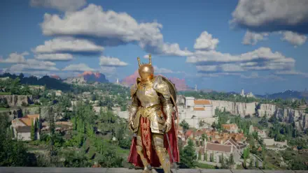 Crimson Desert video game warrior in ornate gold armor and red cloak overlooks a sunlit cityscape — 2K Quad HD PC desktop wallpaper/background.