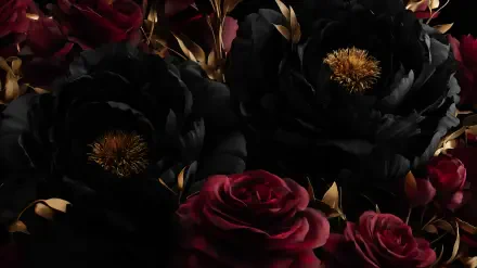 2K Quad HD PC desktop wallpaper: red and black floral arrangement of deep red roses and large black flowers with gold centers on a dark background.