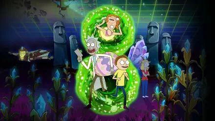 Rick and Morty 4K Ultra HD PC wallpaper: Rick and Morty step through a glowing green portal into an alien crystal landscape with towering stone heads beneath a neon grid sky.