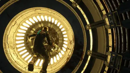 4K Ultra HD PC desktop wallpaper and background: armored engineer floats toward a glowing circular hatch in a dark, industrial shaft — Dead Space (2023) video game.