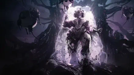 4K Ultra HD PC desktop wallpaper of the video game Warframe: armored Warframe rising from a glowing rift, surrounded by dark organic tendrils and hovering orbs.