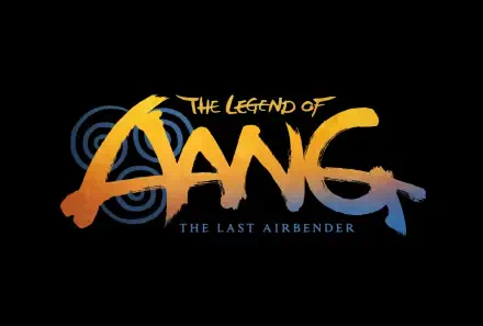 HD PC desktop wallpaper of the movie logo 'The Legend of Aang: The Last Airbender' — orange-to-blue brush lettering over black with blue spiral water motifs.
