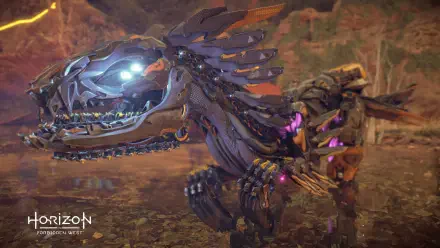 Horizon Forbidden West video game 4K Ultra HD PC desktop wallpaper: close-up of a snarling machine beast with glowing blue and purple lights in a sunlit canyon.