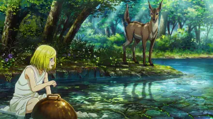 Witch Hat Atelier's Coco in anime-style fantasy: Coco sits by a sparkling forest stream watching a deer amid lush magical woods — 5K Ultra HD PC desktop wallpaper.