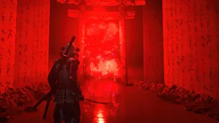 4K Ultra HD PC wallpaper from the video game Ghost of Yōtei: an armored samurai stands in shallow reflective water beneath crimson torii, facing a towering red spirit.