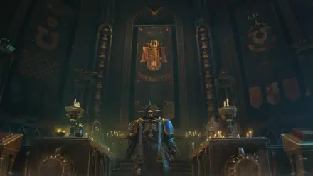 4K Ultra HD PC desktop wallpaper: Warhammer video game Space Marine in an ornate gothic cathedral hall, armored figure before a throne with candlelit banners.