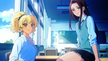 HD PC wallpaper of anime Gals Can't Be Kind to Otaku!? featuring Kotoko Ijichi and Kei Amane in a sunlit classroom; Kotoko perched on a desk and Kei standing beside her, warm blue tones.