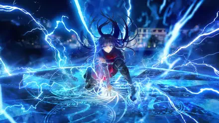 Witch On The Holy Night conjuring crackling blue lightning over glowing runes, intense 4K Ultra HD PC desktop wallpaper and background.