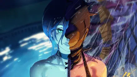 Chainsaw Man split portrait: half human, half chainsaw mask amid rain and neon blue glow — 4K Ultra HD PC desktop wallpaper.