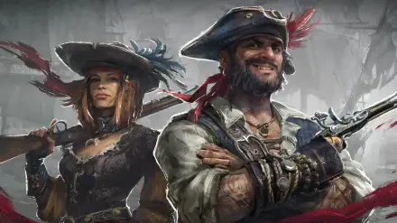 2K Quad HD PC wallpaper from the video game Windrose: two pirates—a grinning bearded captain and a feather‑hatted female corsair—pose with weapons against a stormy, nautical backdrop.