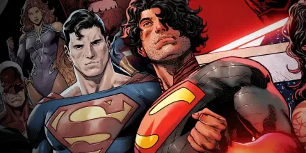 Comic illustration of Absolute Superman and Superman standing heroically; HD PC desktop wallpaper/background with bold red tones and detailed comic-style art.