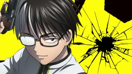 Anime HD PC desktop wallpaper of Juuzou Ougami (KILL BLUE): bespectacled young man with eyepatch smirking before a shattered-glass impact on a vivid yellow background.