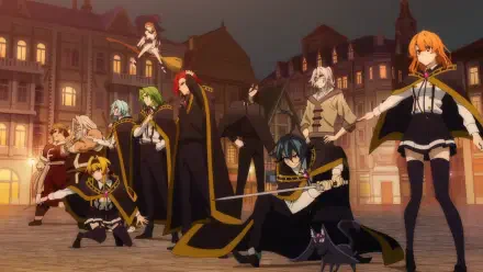 Anime HD PC desktop wallpaper/background from Wistoria: Wand and Sword — ensemble of cloaked students wielding wands and swords, a black cat, posing in a dusk-lit European-style city square.