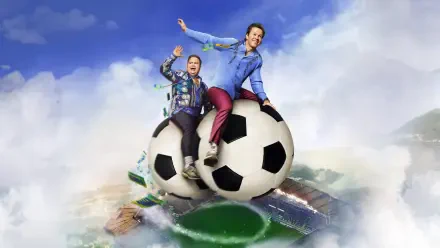 Balls Up — 4K Ultra HD PC desktop wallpaper and background: two people riding oversized soccer balls above a stadium, clouds and confetti.