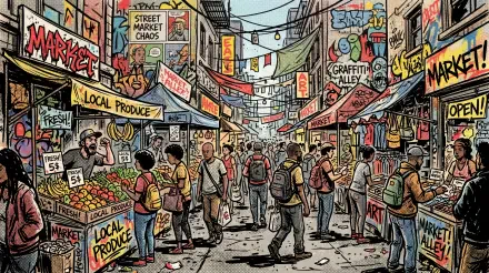 Illustrated bustling street market with colorful stalls, signs and shoppers framed by graffiti alleys — 5K Ultra HD PC desktop wallpaper and background.