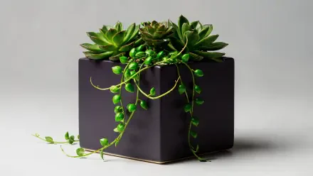 4K Ultra HD PC desktop wallpaper: minimalist dark cube planter holding green succulents and trailing string-of-pearls against a soft neutral background.