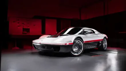 Silver Bertone Runabout concept car with red accents in a dark studio — 4K Ultra HD PC desktop wallpaper/background.