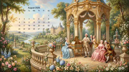 August 2026 calendar on 5K Ultra HD PC desktop wallpaper: rococo garden scene with musicians and ladies at an ornate pavilion, floral terrace and distant castle.