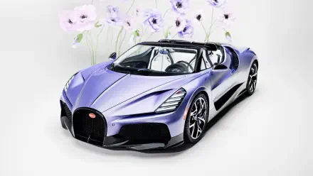 5K Ultra HD desktop wallpaper of a metallic lavender Bugatti W16 Mistral hypercar, a luxury car shown in three-quarter front view against a soft floral background.