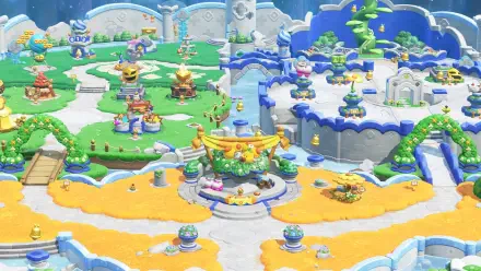 HD PC desktop wallpaper of Super Mario Bros. Wonder showing a vibrant, multi-level Mushroom Kingdom with castles, pathways, characters, and colorful green, yellow, and blue platforms.