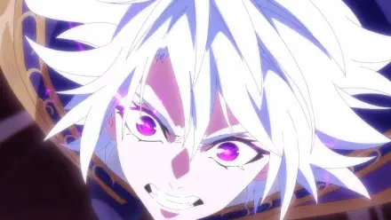 Close-up of Will Serfort from Wistoria: Wand and Sword — white-haired anime character with glowing magenta eyes and fierce expression, HD PC desktop wallpaper/background.