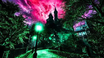 PS2core dreamcore liminal scene: eerie haunted castle silhouette under magenta sky, green-lit bridge and foggy trees — 5K Ultra HD PC desktop wallpaper/background.