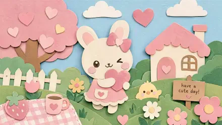 Cutecore 4K Ultra HD PC desktop wallpaper and background: pastel paper-cut scene of a winking bunny in a pink dress holding a heart amid a cottage, blossoms, picnic and floating hearts.