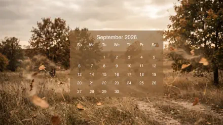 September 2026 calendar overlaid on a golden autumn field with trees and drifting leaves — 5K Ultra HD PC desktop wallpaper and background.