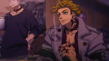 4K Ultra HD PC desktop wallpaper of Enjin (Gachiakuta): a confident blond, spiky-haired anime boy in a trench coat with headphones, holding a lit cigarette.