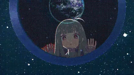 Retro anime Cosmic Princess Kaguya peers through a spaceship porthole at Earth and a starfield — 2K Quad HD PC desktop wallpaper/background.