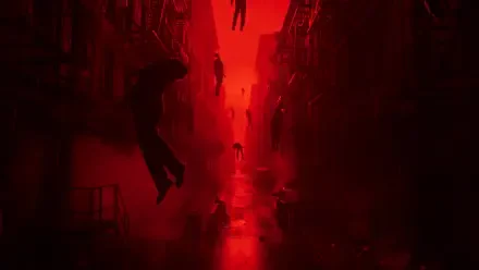 4K Ultra HD PC desktop wallpaper from Control Resonant: red horror scene with shadowy figures levitating through a narrow, eerie city alley.