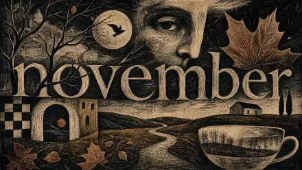 4K Ultra HD PC desktop wallpaper November: sepia collage with a moonlit face, crow in flight, falling leaves, winding country road, small village and a steaming teacup.