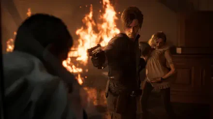 5K Ultra HD PC wallpaper of Resident Evil Requiem: Leon S. Kennedy aims a pistol at an offscreen threat while Grace Ashcroft protects Emily (Resident Evil) with flames blazing behind — Capcom.