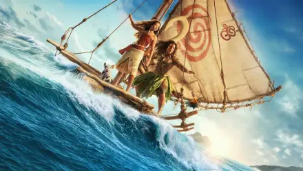 Live-action Moana 5K Ultra HD PC desktop wallpaper: two voyagers on a traditional outrigger with a spiral sail riding a towering blue wave toward the sun.