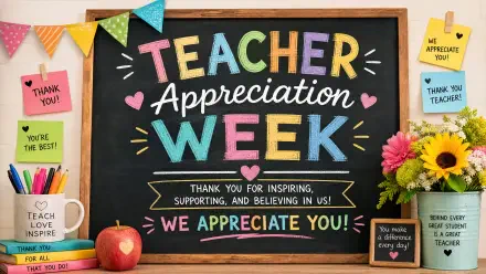 4K Ultra HD PC desktop wallpaper and background: colorful Teacher Appreciation Week chalkboard design with flowers, apple, sticky notes and We Appreciate You message.