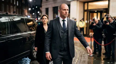 5K Ultra HD PC desktop wallpaper: stern bodyguard in a tailored dark suit escorts a woman past flashing cameras on a wet city sidewalk at night.