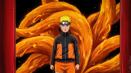 Naruto stands before Kurama’s blazing nine tails, vibrant orange chakra swirling — 2K Quad HD anime PC desktop wallpaper.
