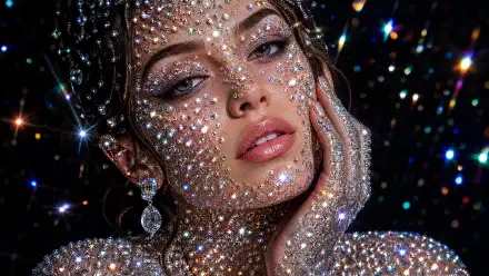 Bedazzled woman portrait with crystals covering her face and hand, glittering against a dark bokeh backdrop — 4K Ultra HD PC desktop wallpaper and background.